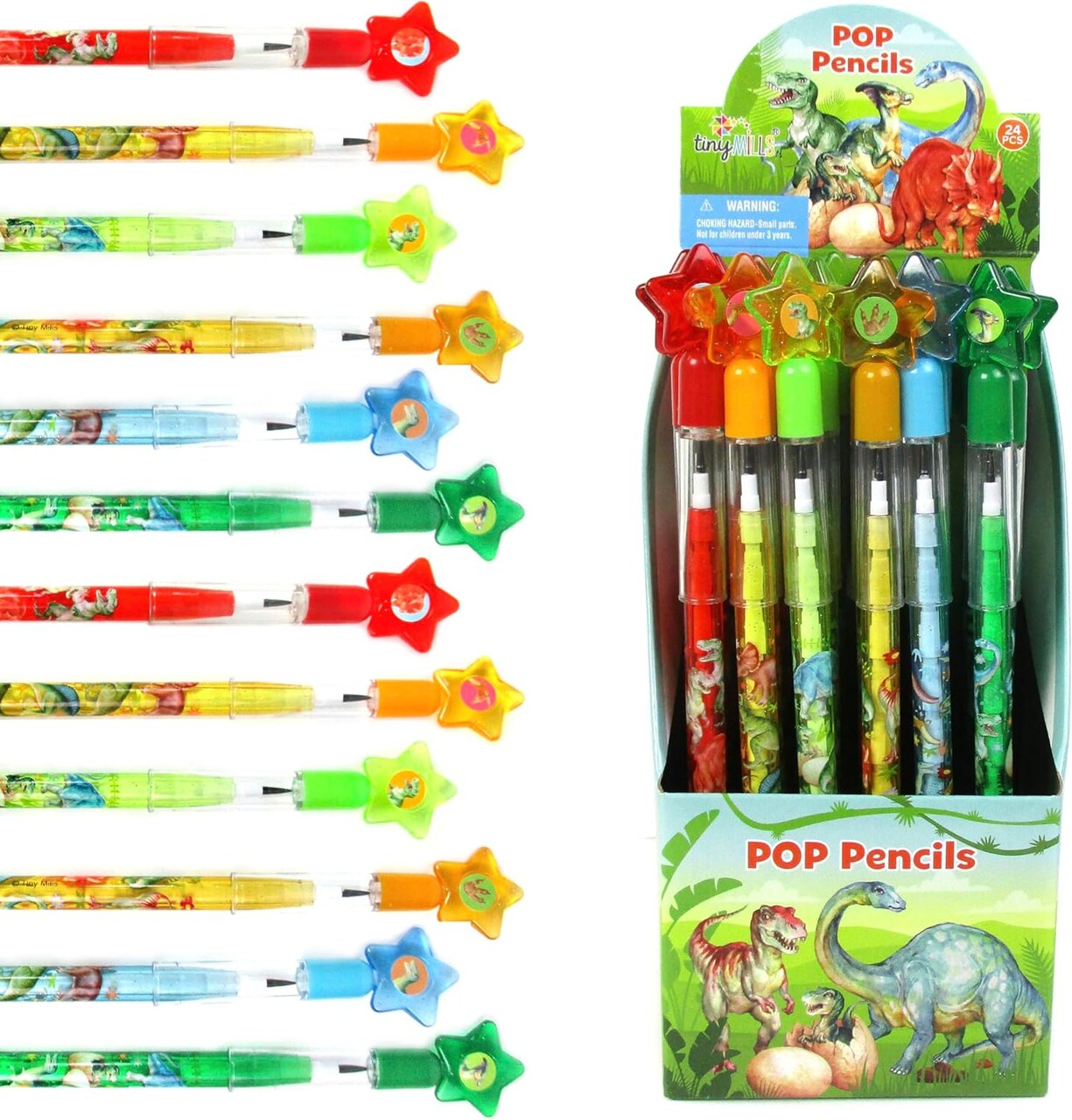 TINYMILLS 24 Pcs Jurassic Dinosaur Stackable Pencil Assortment with Eraser for Party Favors Goodie Bag Stuffers VBS Classroom Rewards Carnival Prize